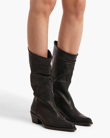 Mid-Calf Ruched Burnished Leather Clive Boots