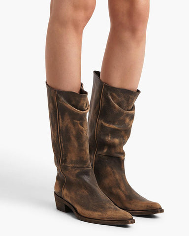 Mid-Calf Ruched Burnished Leather Clive Boots