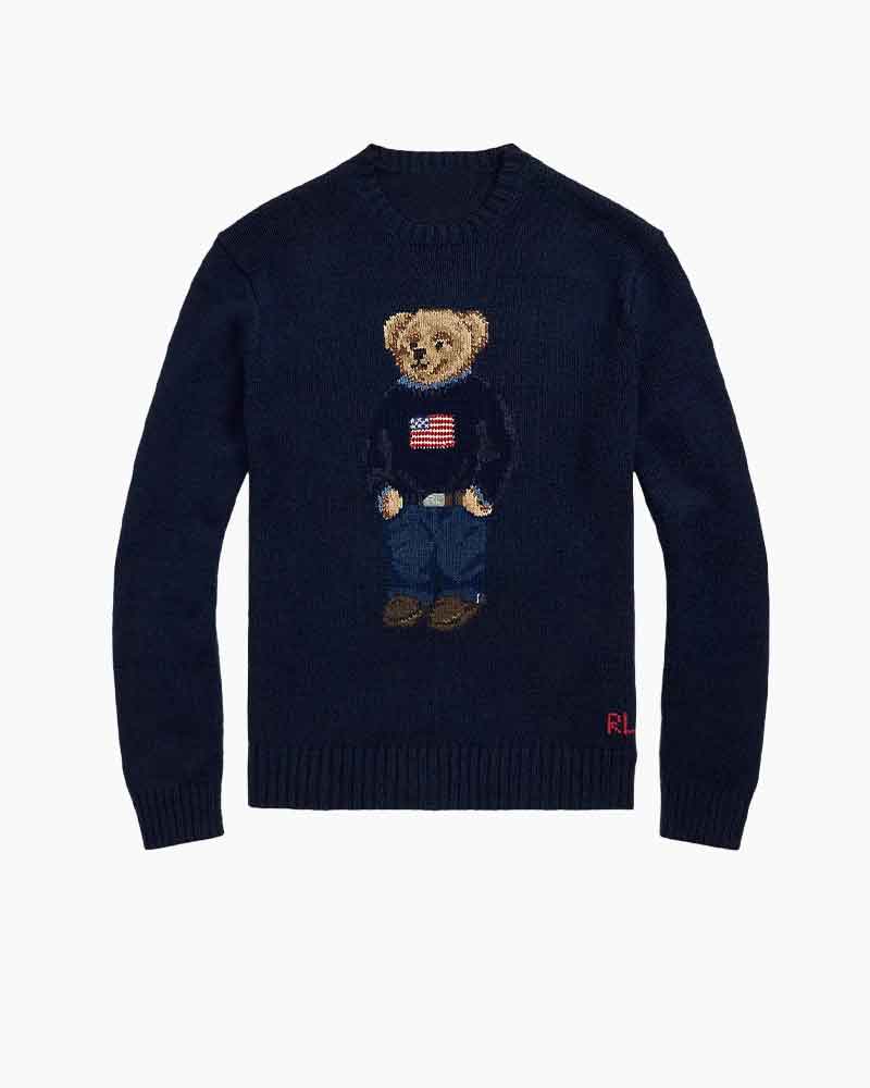 Navy Crewneck Sweater Flag Bear Graphic