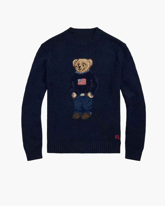 Navy Crewneck Sweater Flag Bear Graphic