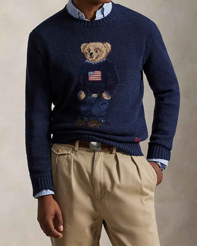 Navy Crewneck Sweater Flag Bear Graphic