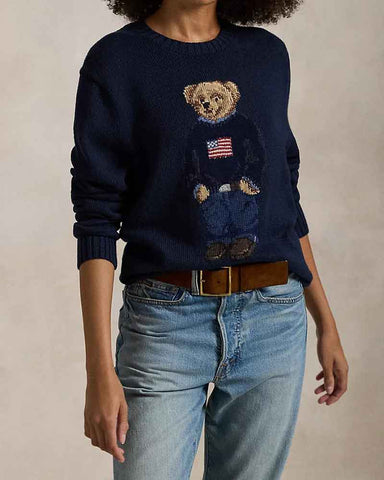 Navy Crewneck Sweater Flag Bear Graphic