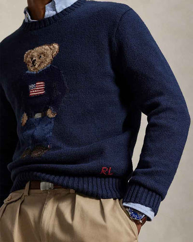 Navy Crewneck Sweater Flag Bear Graphic