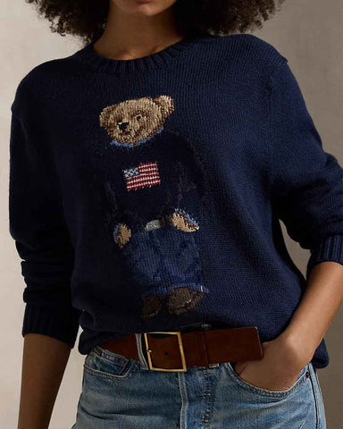 Navy Crewneck Sweater Flag Bear Graphic