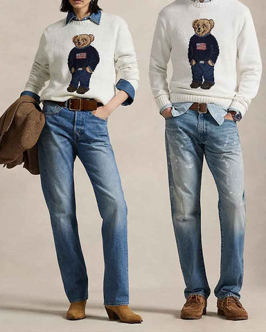 Navy Crewneck Sweater Flag Bear Graphic