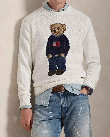 Navy Crewneck Sweater Flag Bear Graphic