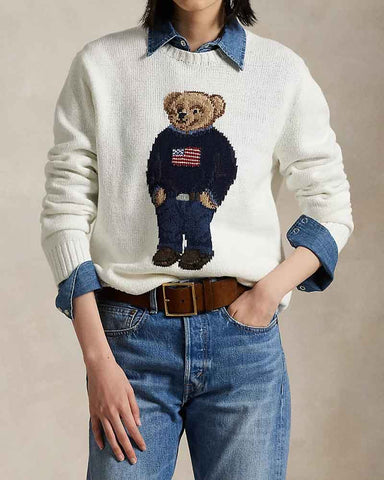 Navy Crewneck Sweater Flag Bear Graphic