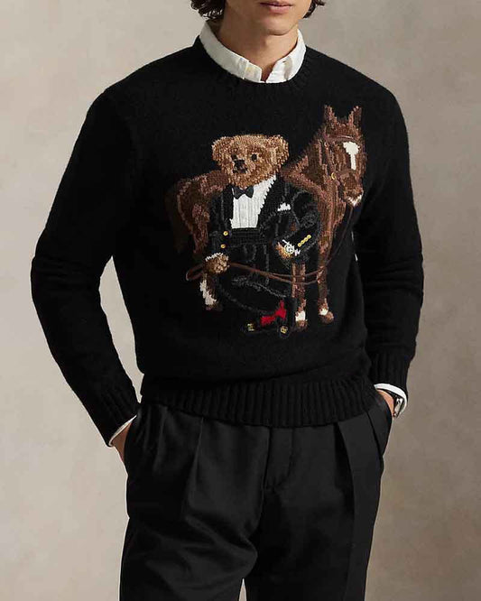 Men's Crewneck Knit Tuxedo Bear Equestrian Design