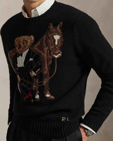 Men's Crewneck Knit Tuxedo Bear Equestrian Design