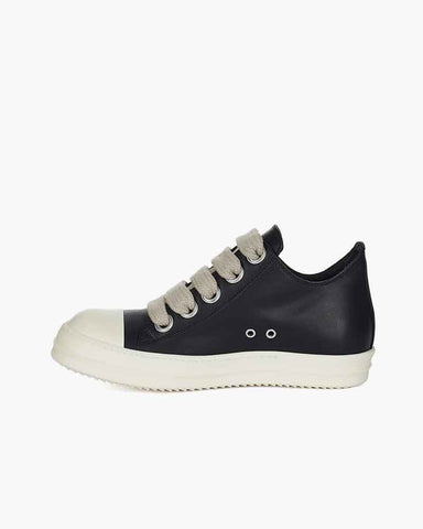 Black Leather Low Top Sneaker for Urban Streetwear Oversized Laces