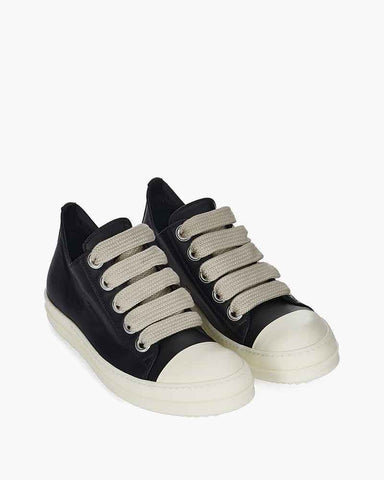 Black Leather Low Top Sneaker for Urban Streetwear Oversized Laces