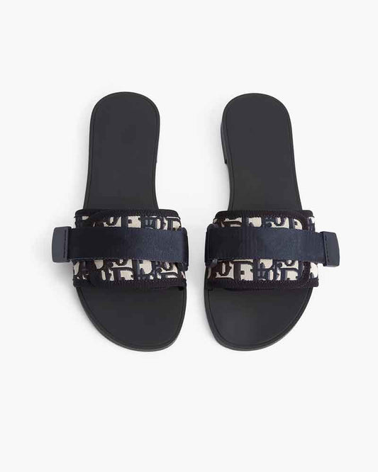 Shiny Technical Slide for Luxury Resort Wear Monogram Pattern