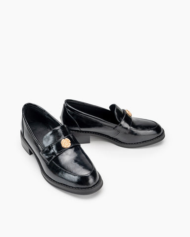 Camellia Gold Buckles Decorated Slip-On Flat Loafers