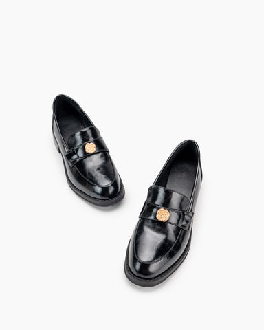 Camellia Gold Buckles Decorated Slip-On Flat Loafers