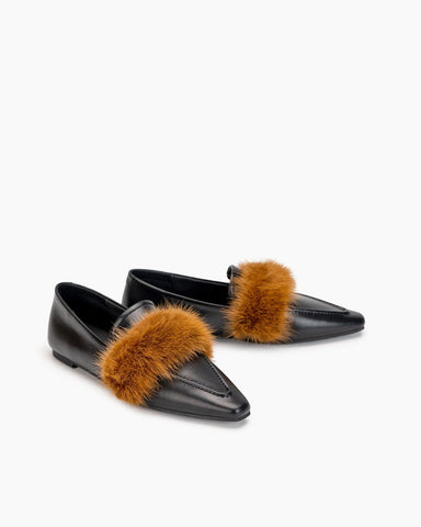 Pointed Toe Faux Fur Slip on Flat Slide Loafers