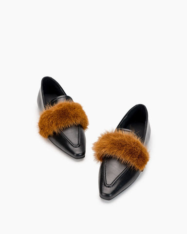 Pointed Toe Faux Fur Slip on Flat Slide Loafers