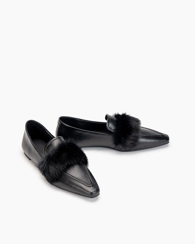 Pointed Toe Faux Fur Slip on Flat Slide Loafers
