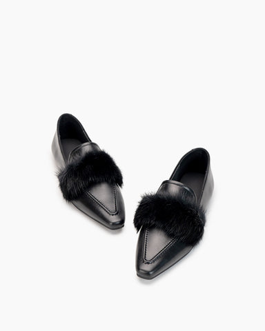 Pointed Toe Faux Fur Slip on Flat Slide Loafers