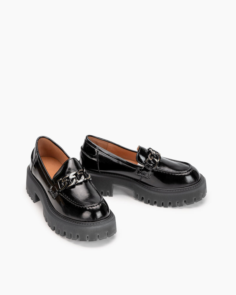 Metal Chain Comfort Chunky Heel Platform Loafers