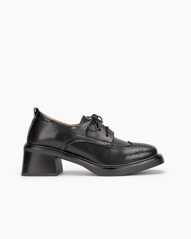 Carved Wingtip Brogues Lace-up Chunky Heel Oxford