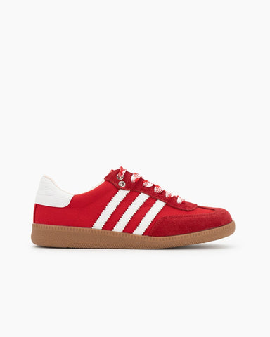 Red and White Suede Leather Flat Sneakers