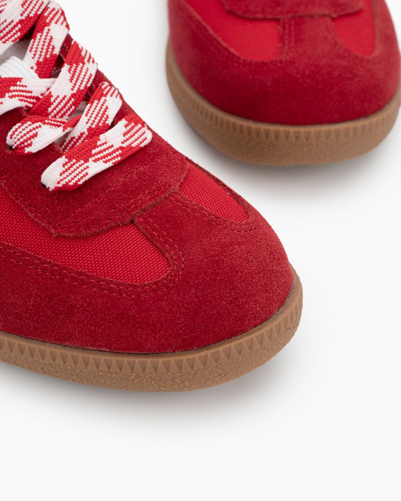 Red and White Suede Leather Flat Sneakers