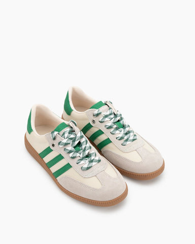 Green and White Suede Leather Flat Sneakers