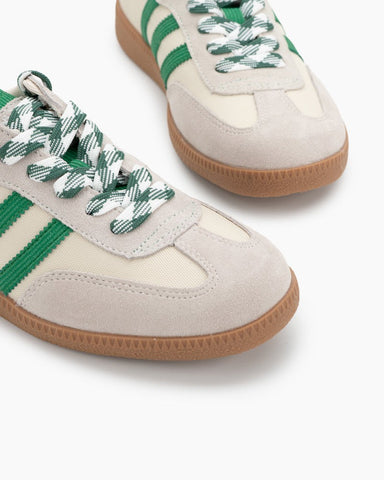 Green and White Suede Leather Flat Sneakers