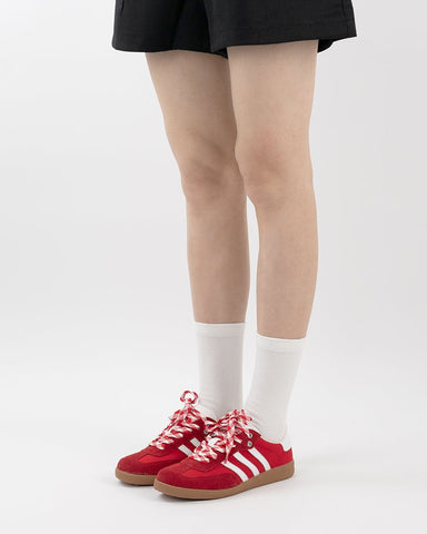 Red and White Suede Leather Flat Sneakers
