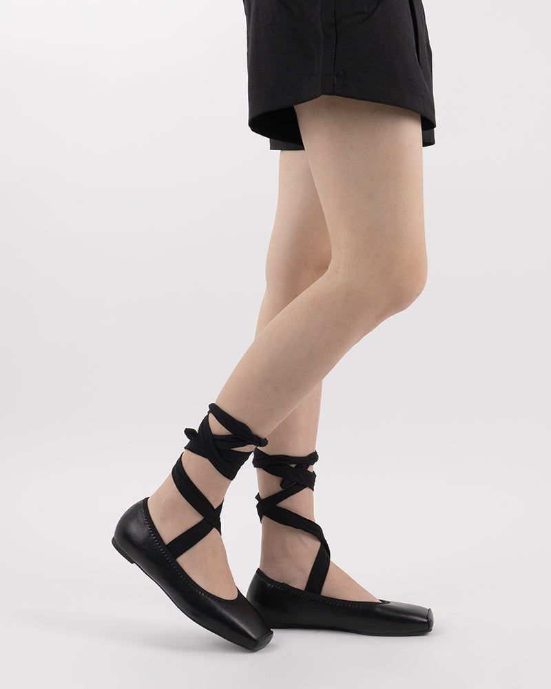 Square Toe Lace-Up Ankle Strap Ballet Flats