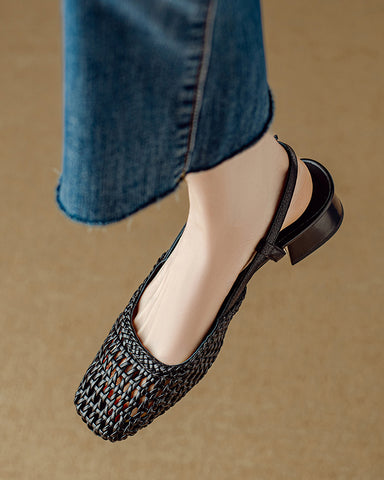 Woven Buckle Strap Slingback Chunky Heel Sandals