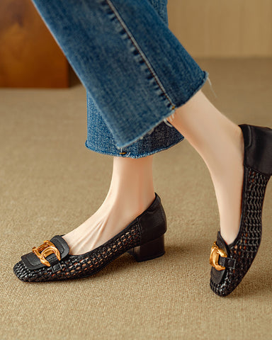 Woven Chic Buckle Comfortable Block Heel Flat Loafers