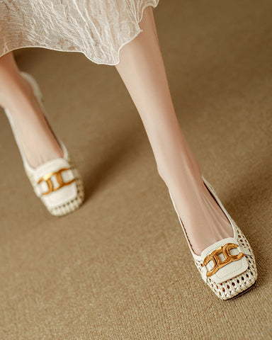 Woven Chic Buckle Comfortable Block Heel Flat Loafers