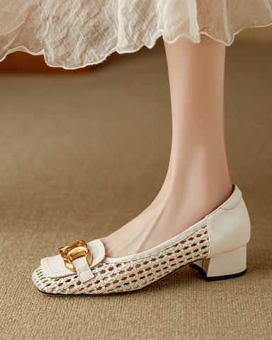 Woven Chic Buckle Comfortable Block Heel Flat Loafers