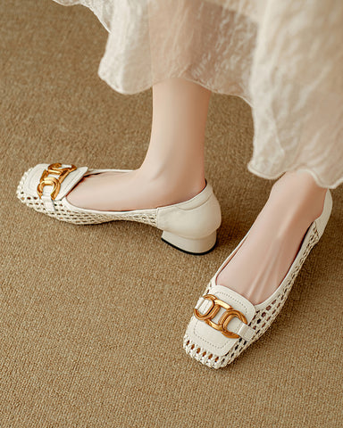 Woven Chic Buckle Comfortable Block Heel Flat Loafers