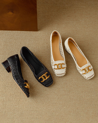 Woven Chic Buckle Comfortable Block Heel Flat Loafers