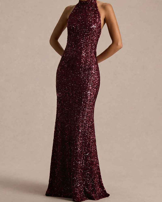 Elegant-Evening-Burgundy-Sequin-High-Neck-Gown-2