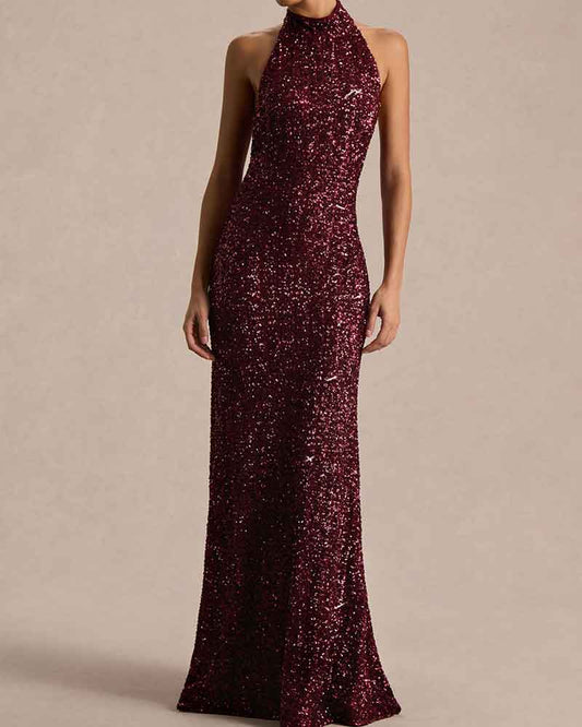 Elegant-Evening-Burgundy-Sequin-High-Neck-Gown-1