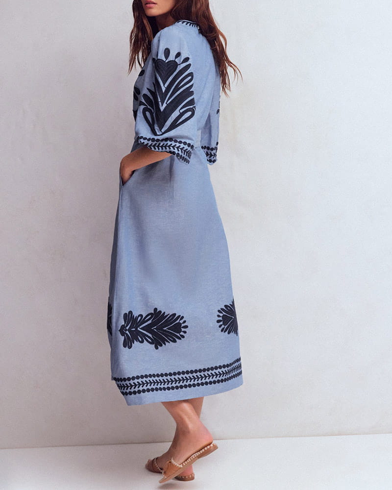 (Pre-sale) Summer Getaway Embroidered Chambray Midi Dress Blue / M