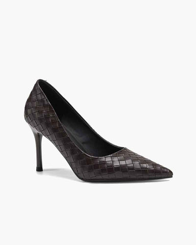 Woven-Texture Pointed-Toe Mid-High Heel Pumps