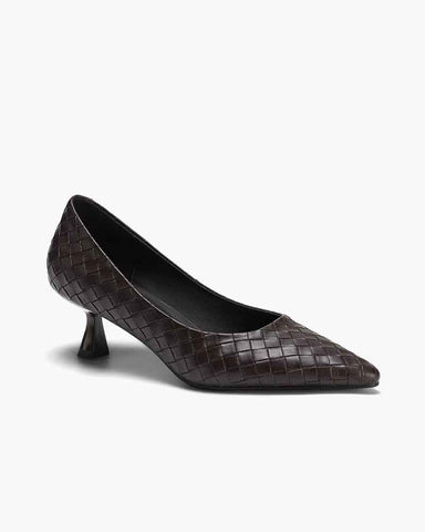 Refined Woven-Pattern Pointed-Toe Mid-Heel Pumps