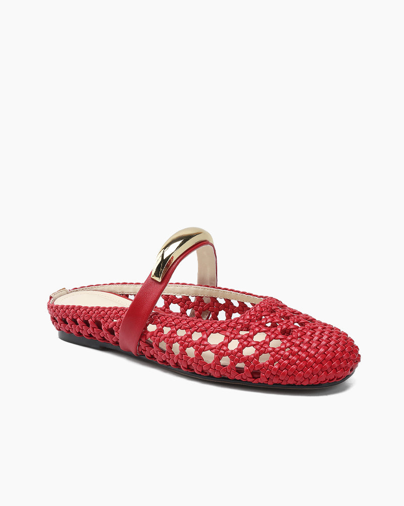 Woven Gold-Tone Strap Mary Jane Flats