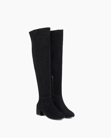 Stretch Side Zipper Over The Knee Chunky Heel Thigh High Boots