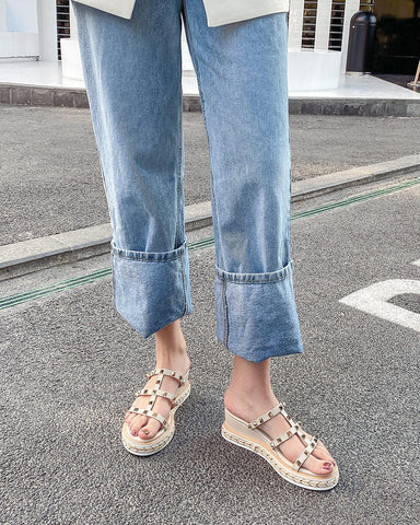 (Clean Up) Espadrille Wedges Slides Rivets Slippers