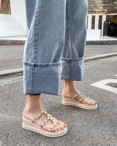 (Clean Up) Espadrille Wedges Slides Rivets Slippers