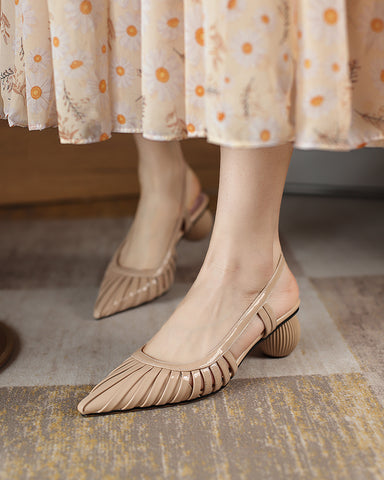 Pleated Design Slingback Block Heel Sandals