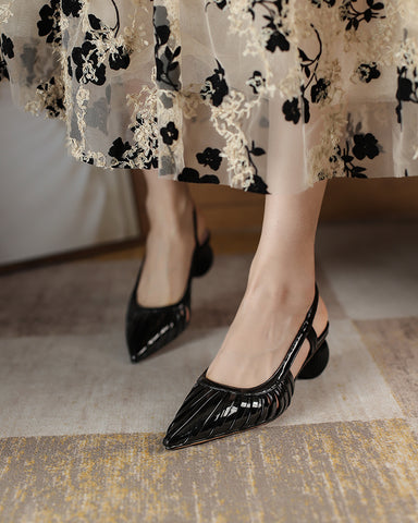 Pleated Design Slingback Block Heel Sandals