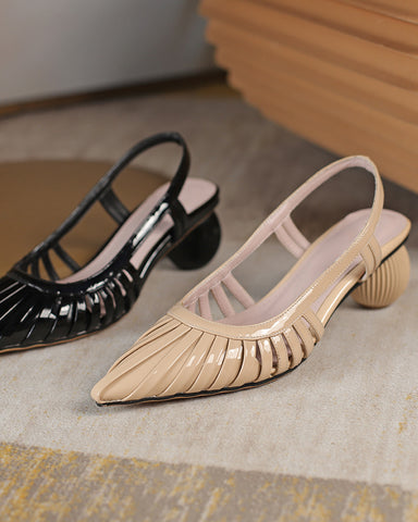 Pleated Design Slingback Block Heel Sandals