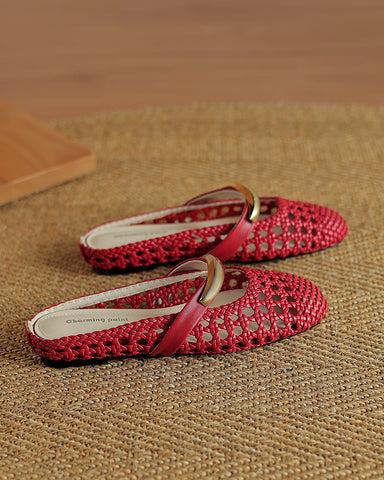 Woven Gold-Tone Strap Mary Jane Flats