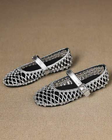 Woven Metallic Round-Toe Ballet Flats